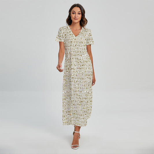 Egypt Hieroglyphs Pattern Print Short Sleeve Maxi Dress
