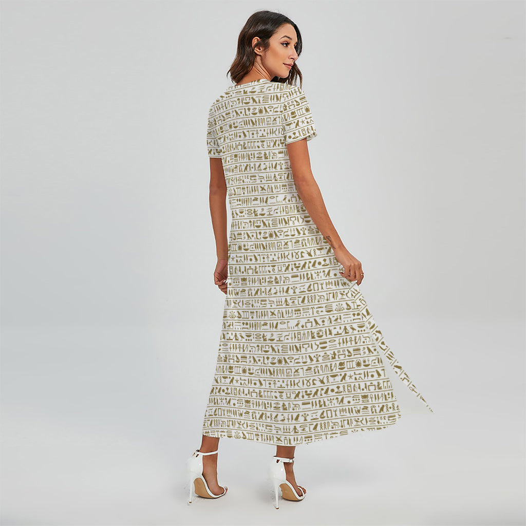 Egypt Hieroglyphs Pattern Print Short Sleeve Maxi Dress