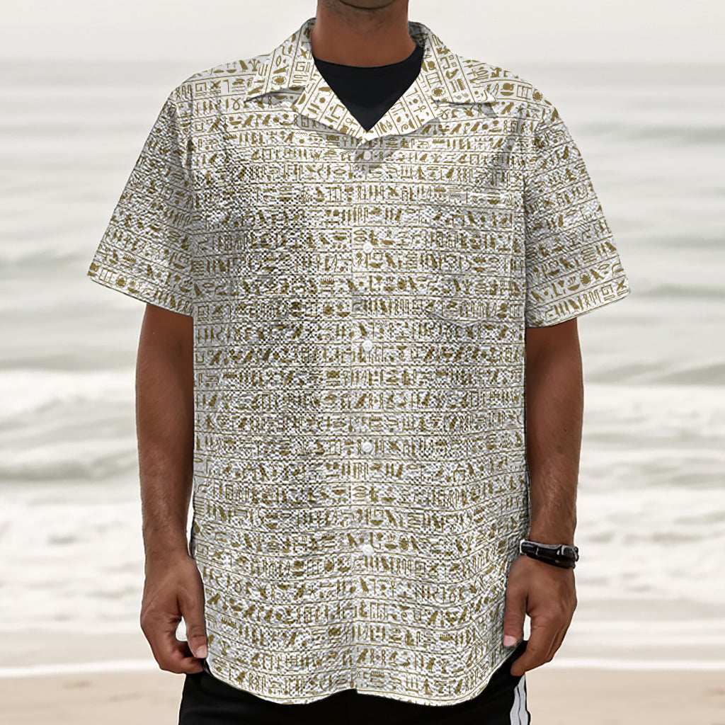 Egypt Hieroglyphs Pattern Print Textured Short Sleeve Shirt