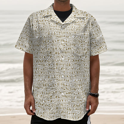 Egypt Hieroglyphs Pattern Print Textured Short Sleeve Shirt