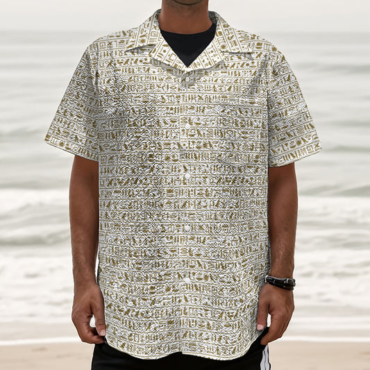 Egypt Hieroglyphs Pattern Print Textured Short Sleeve Shirt