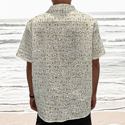Egypt Hieroglyphs Pattern Print Textured Short Sleeve Shirt