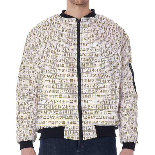 Egypt Hieroglyphs Pattern Print Zip Sleeve Bomber Jacket