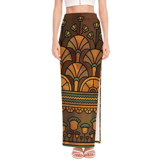 Egyptian Ethnic Pattern Print High Slit Maxi Skirt