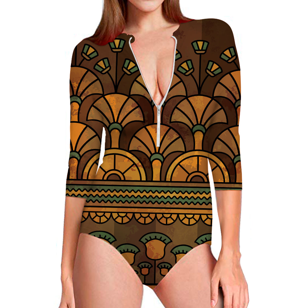 Egyptian Ethnic Pattern Print Long Sleeve Swimsuit