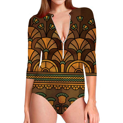 Egyptian Ethnic Pattern Print Long Sleeve Swimsuit