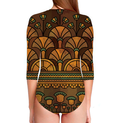Egyptian Ethnic Pattern Print Long Sleeve Swimsuit