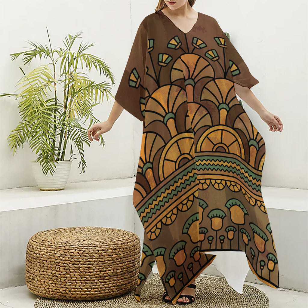 Egyptian Ethnic Pattern Print Silk V-Neck Kaftan Dress