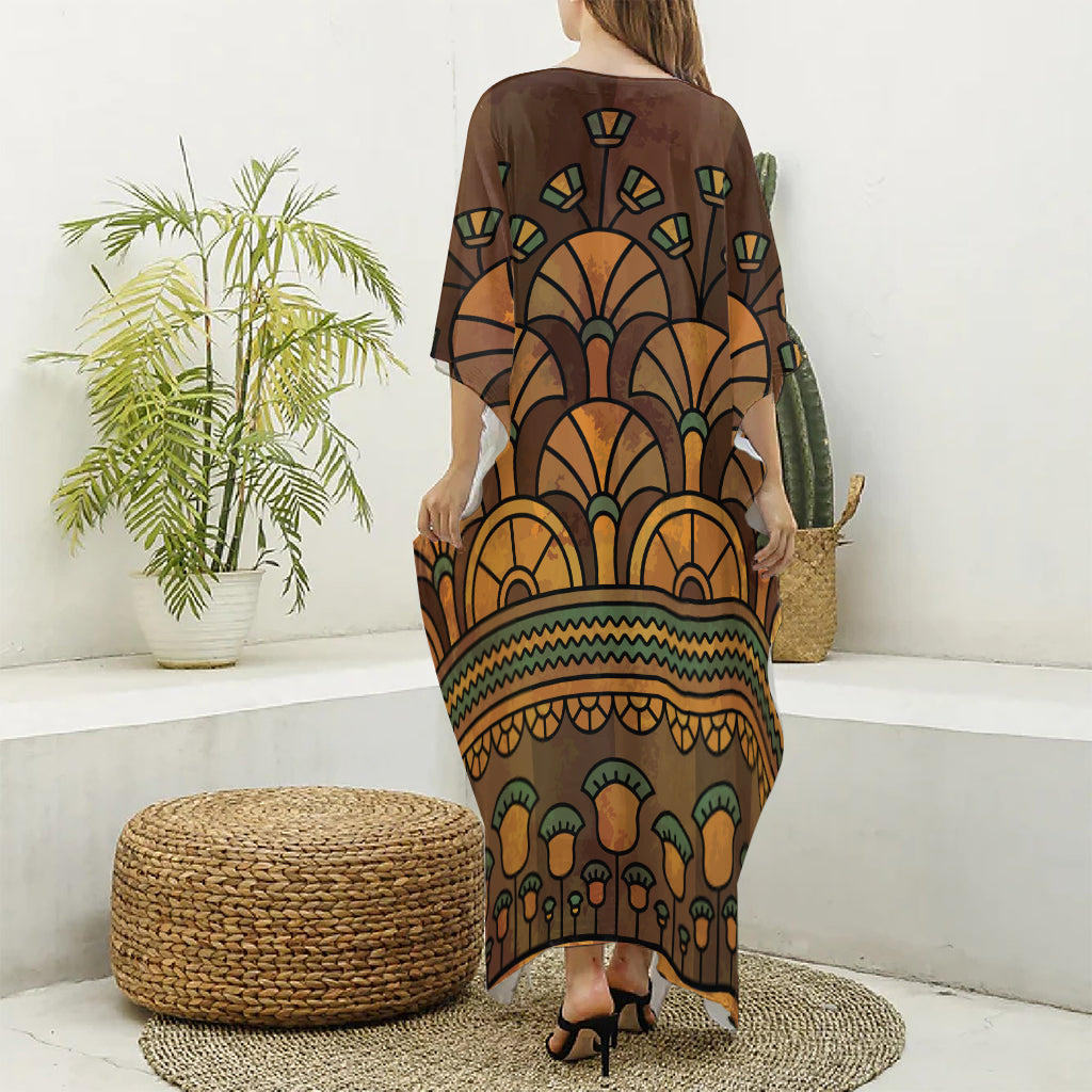 Egyptian Ethnic Pattern Print Silk V-Neck Kaftan Dress