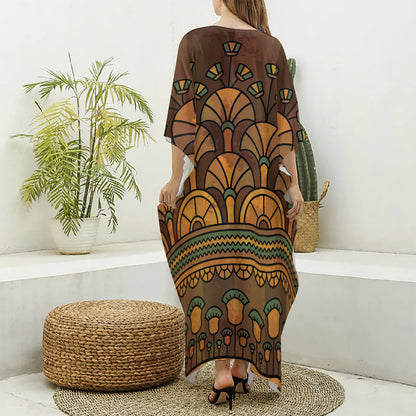 Egyptian Ethnic Pattern Print Silk V-Neck Kaftan Dress