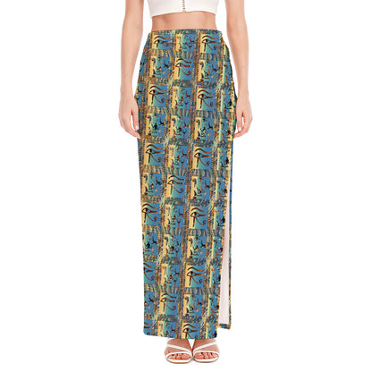 Egyptian Eye Of Horus Pattern Print High Slit Maxi Skirt