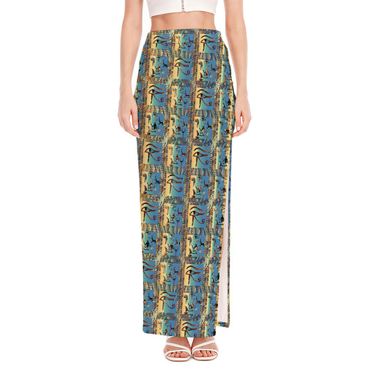 Egyptian Eye Of Horus Pattern Print High Slit Maxi Skirt