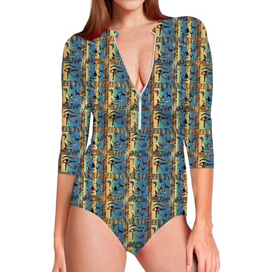 Egyptian Eye Of Horus Pattern Print Long Sleeve Swimsuit