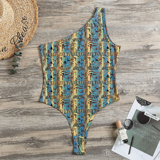 Egyptian Eye Of Horus Pattern Print One Shoulder Bodysuit