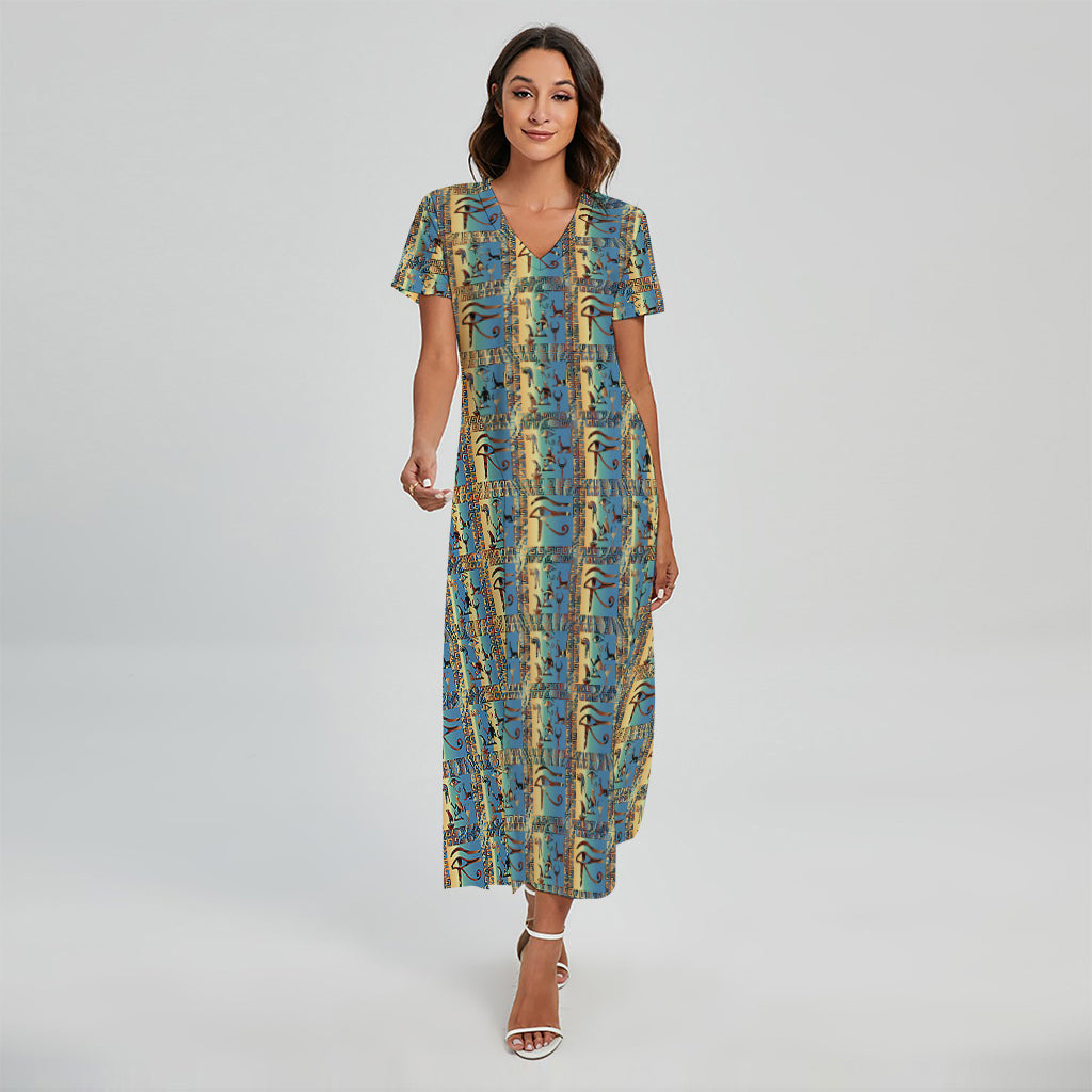 Egyptian Eye Of Horus Pattern Print Short Sleeve Maxi Dress