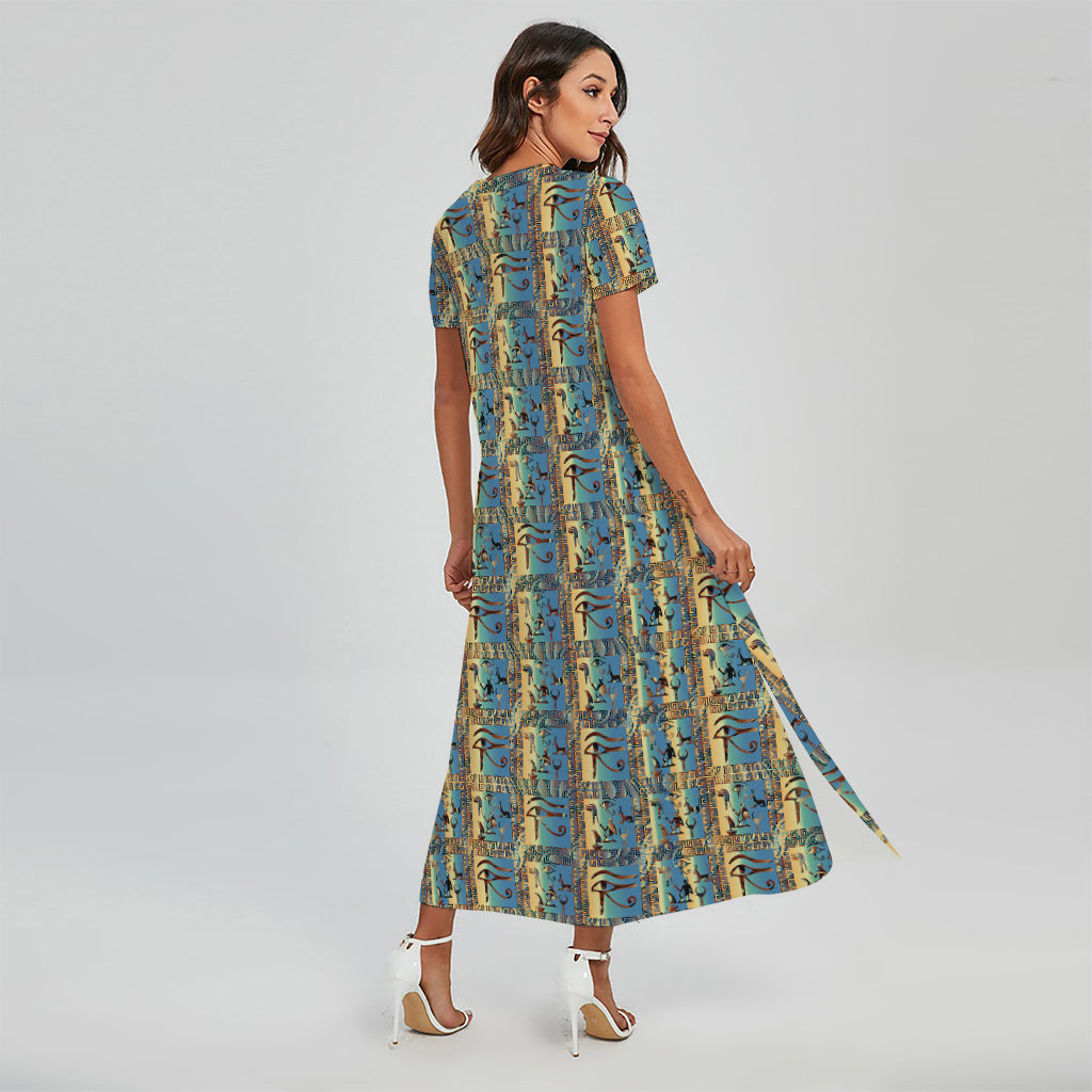 Egyptian Eye Of Horus Pattern Print Short Sleeve Maxi Dress