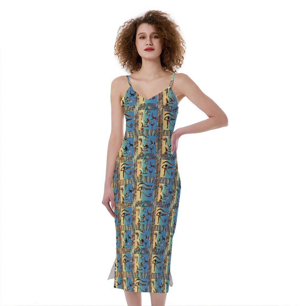 Egyptian Eye Of Horus Pattern Print Slim Fit Midi Cami Dress
