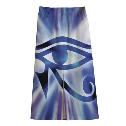 Egyptian Eye Of Horus Print Cotton Front Slit Maxi Skirt