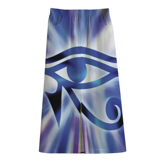 Egyptian Eye Of Horus Print Cotton Front Slit Maxi Skirt