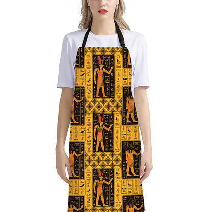 Egyptian Gods And Hieroglyphs Print Bib Apron With Pocket