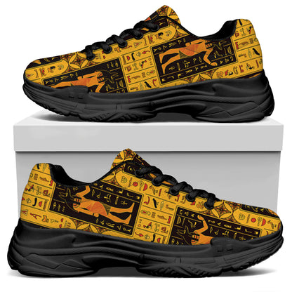 Egyptian Gods And Hieroglyphs Print Black Chunky Shoes
