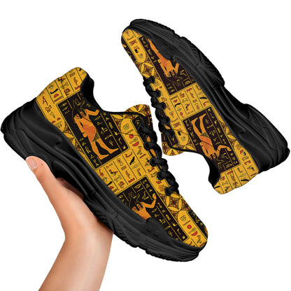 Egyptian Gods And Hieroglyphs Print Black Chunky Shoes