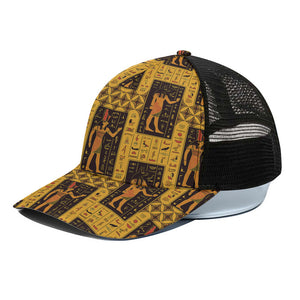 Egyptian Gods And Hieroglyphs Print Black Mesh Trucker Cap