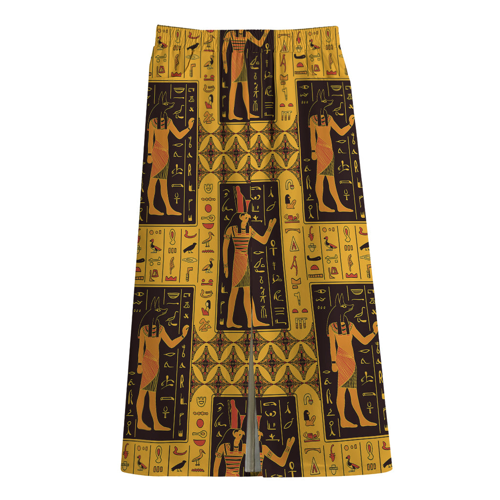 Egyptian Gods And Hieroglyphs Print Cotton Front Slit Maxi Skirt