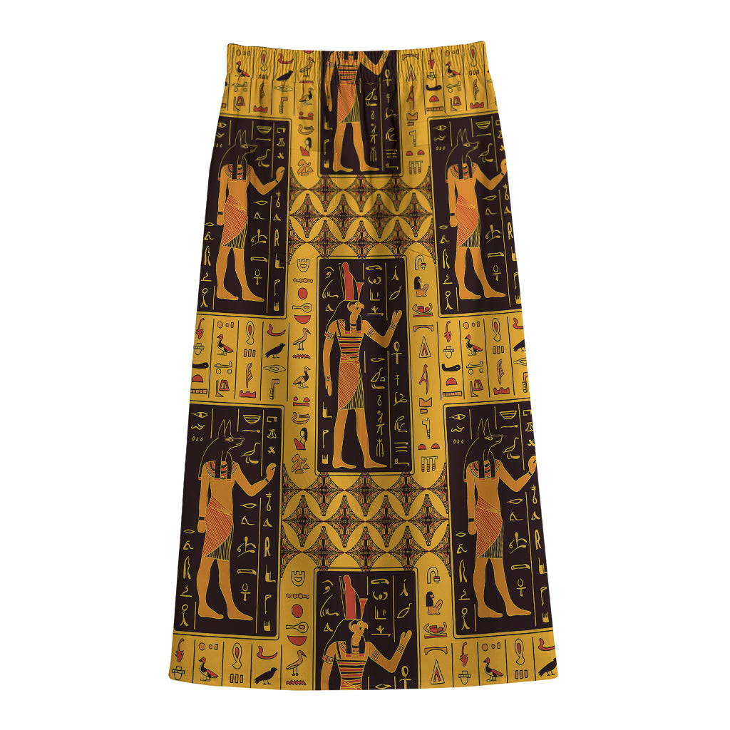 Egyptian Gods And Hieroglyphs Print Cotton Front Slit Maxi Skirt