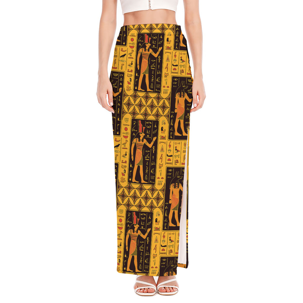 Egyptian Gods And Hieroglyphs Print High Slit Maxi Skirt