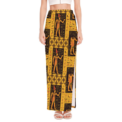 Egyptian Gods And Hieroglyphs Print High Slit Maxi Skirt