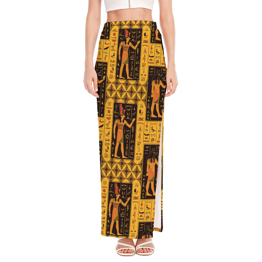 Egyptian Gods And Hieroglyphs Print High Slit Maxi Skirt