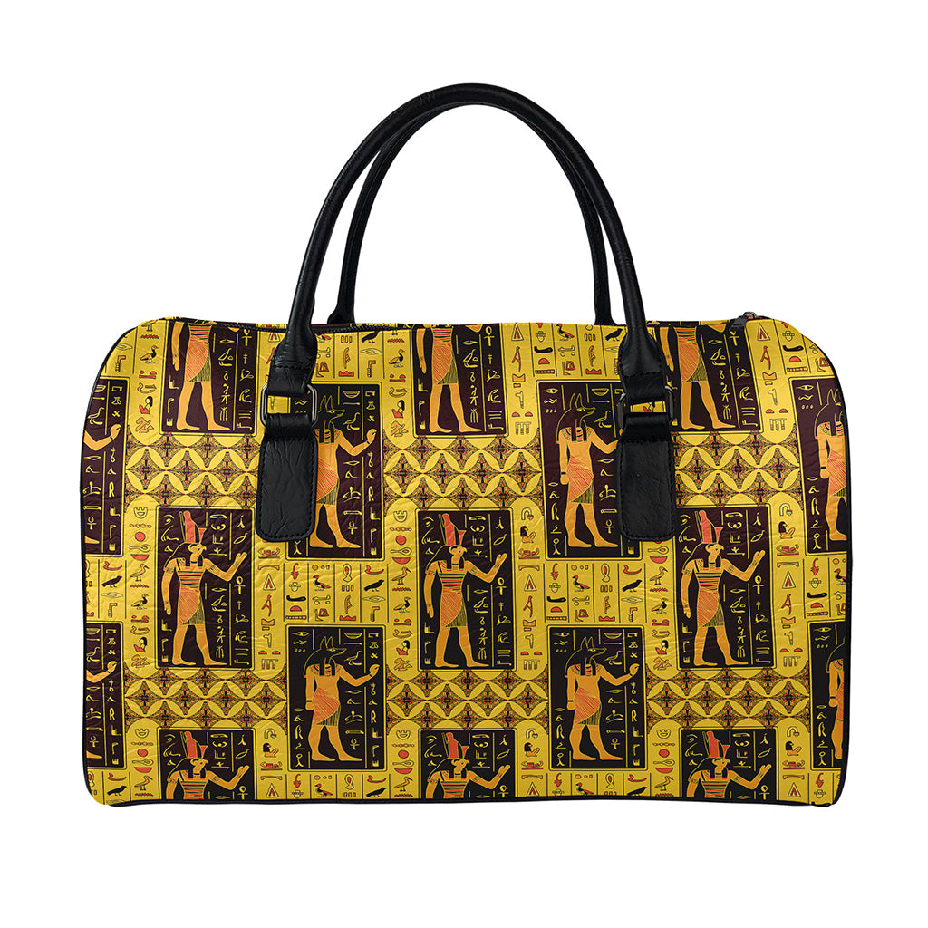 Egyptian Gods And Hieroglyphs Print Leather Duffle Bag