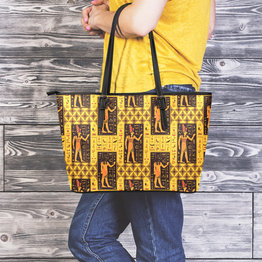Egyptian Gods And Hieroglyphs Print Leather Tote Bag