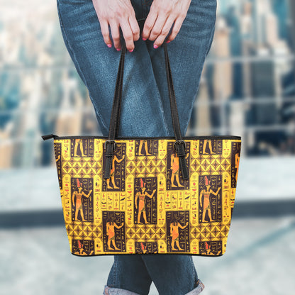 Egyptian Gods And Hieroglyphs Print Leather Tote Bag