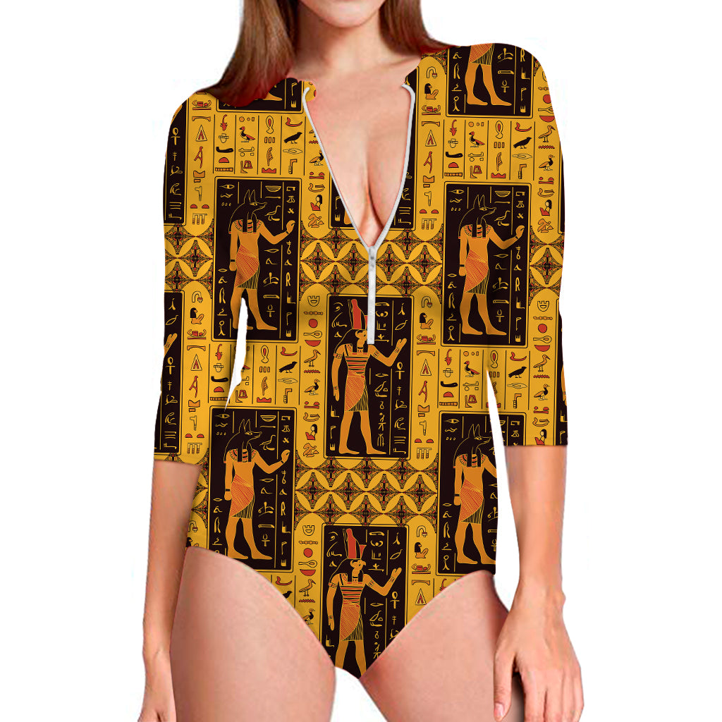 Egyptian Gods And Hieroglyphs Print Long Sleeve Swimsuit