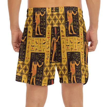 Egyptian Gods And Hieroglyphs Print Men's Split Running Shorts