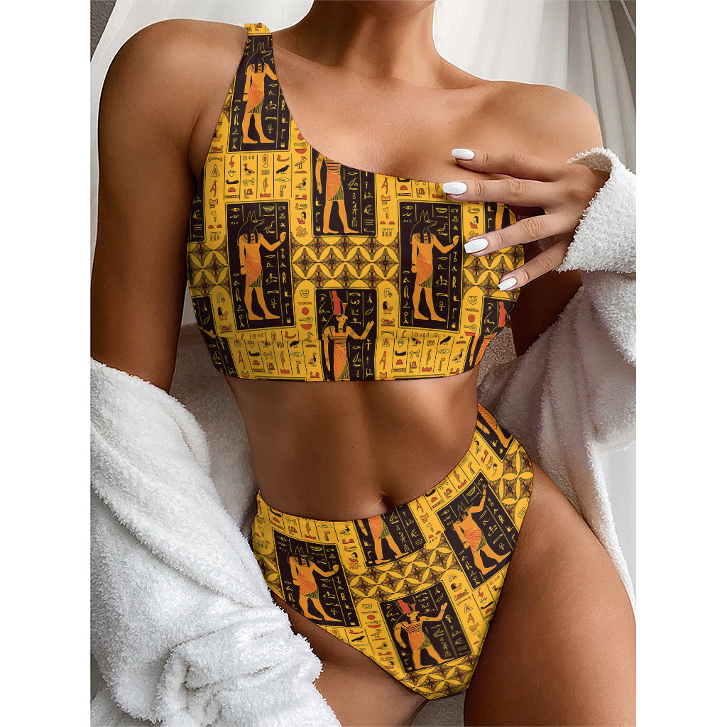 Egyptian Gods And Hieroglyphs Print One Shoulder Bikini Top