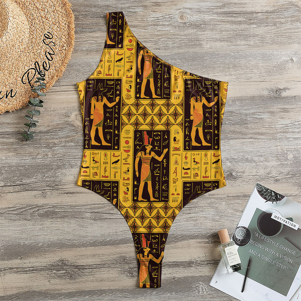 Egyptian Gods And Hieroglyphs Print One Shoulder Bodysuit