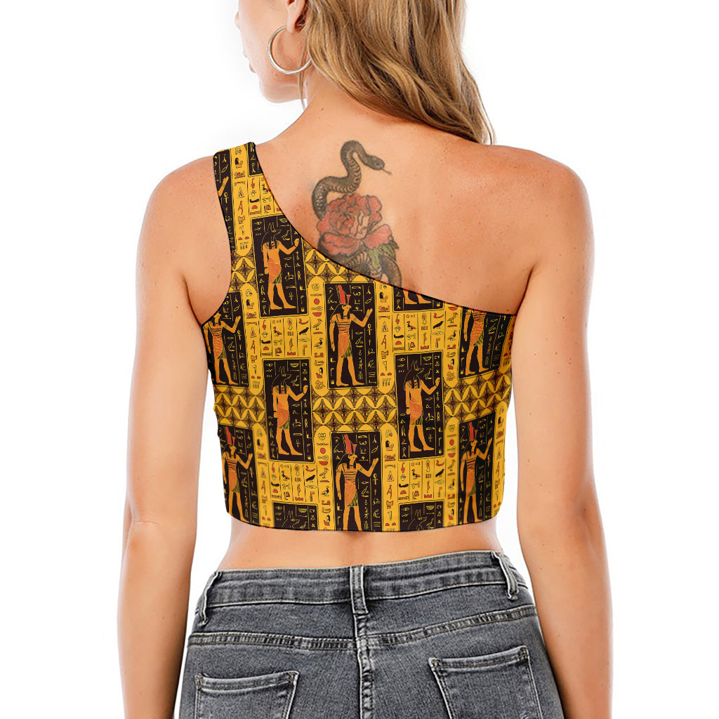 Egyptian Gods And Hieroglyphs Print One Shoulder Crop Top