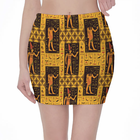 Egyptian Gods And Hieroglyphs Print Pencil Mini Skirt