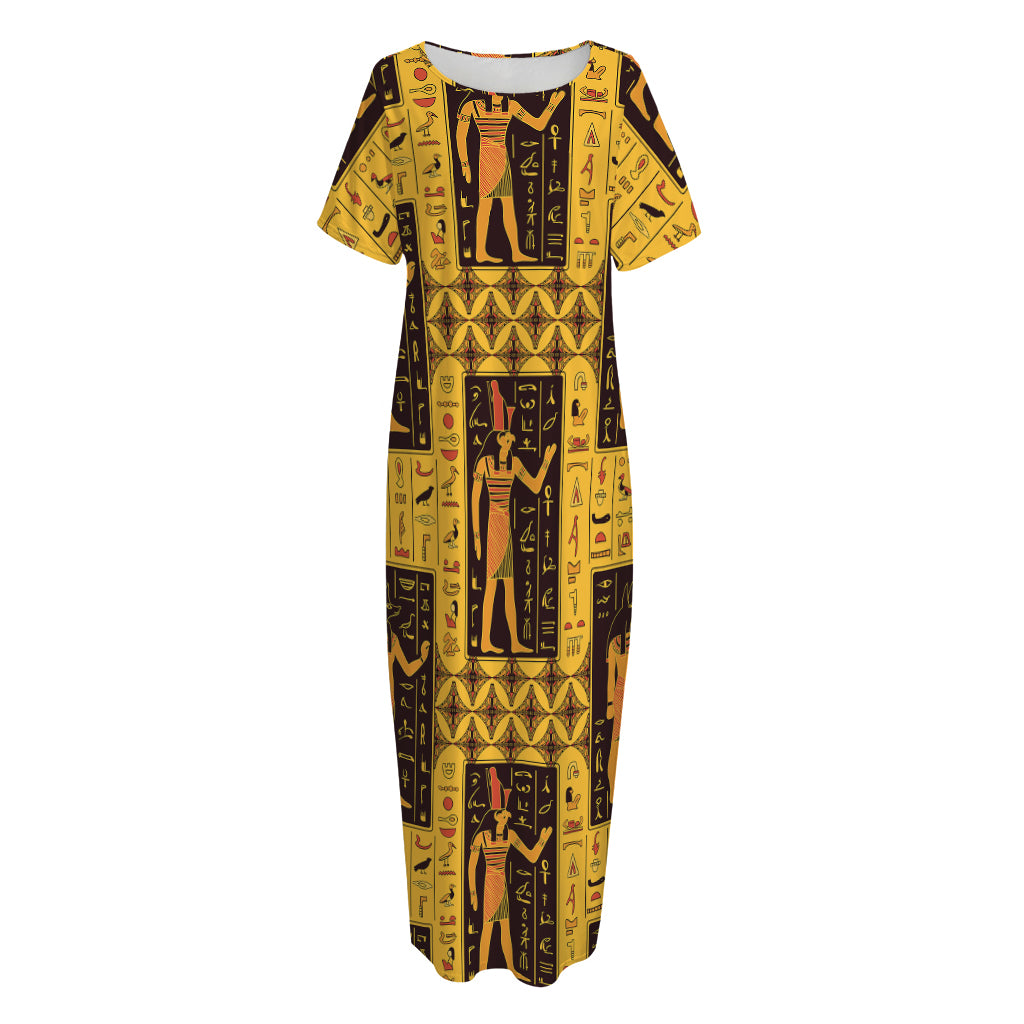 Egyptian Gods And Hieroglyphs Print Short Sleeve Long Nightdress