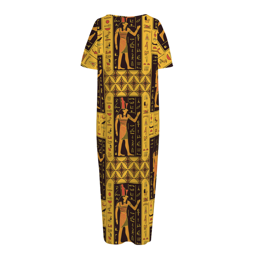 Egyptian Gods And Hieroglyphs Print Short Sleeve Long Nightdress