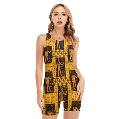Egyptian Gods And Hieroglyphs Print Sleeveless One Piece Swimsuit