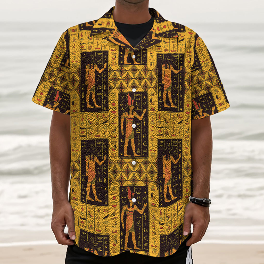 Egyptian Gods And Hieroglyphs Print Textured Short Sleeve Shirt