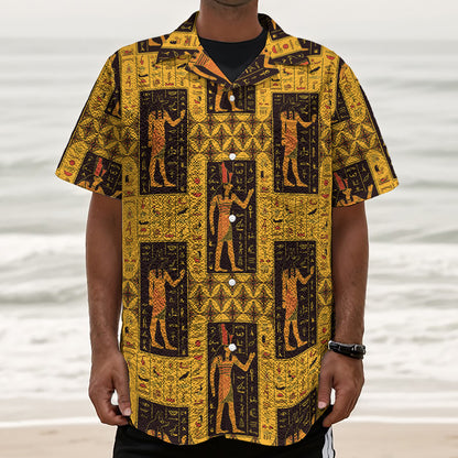 Egyptian Gods And Hieroglyphs Print Textured Short Sleeve Shirt