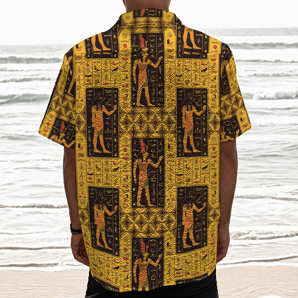 Egyptian Gods And Hieroglyphs Print Textured Short Sleeve Shirt