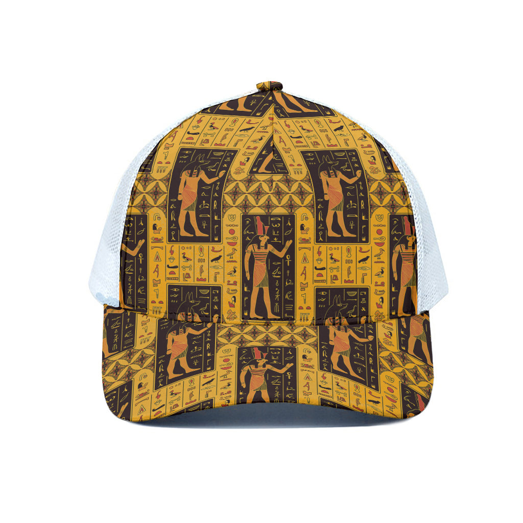 Egyptian Gods And Hieroglyphs Print White Mesh Trucker Cap