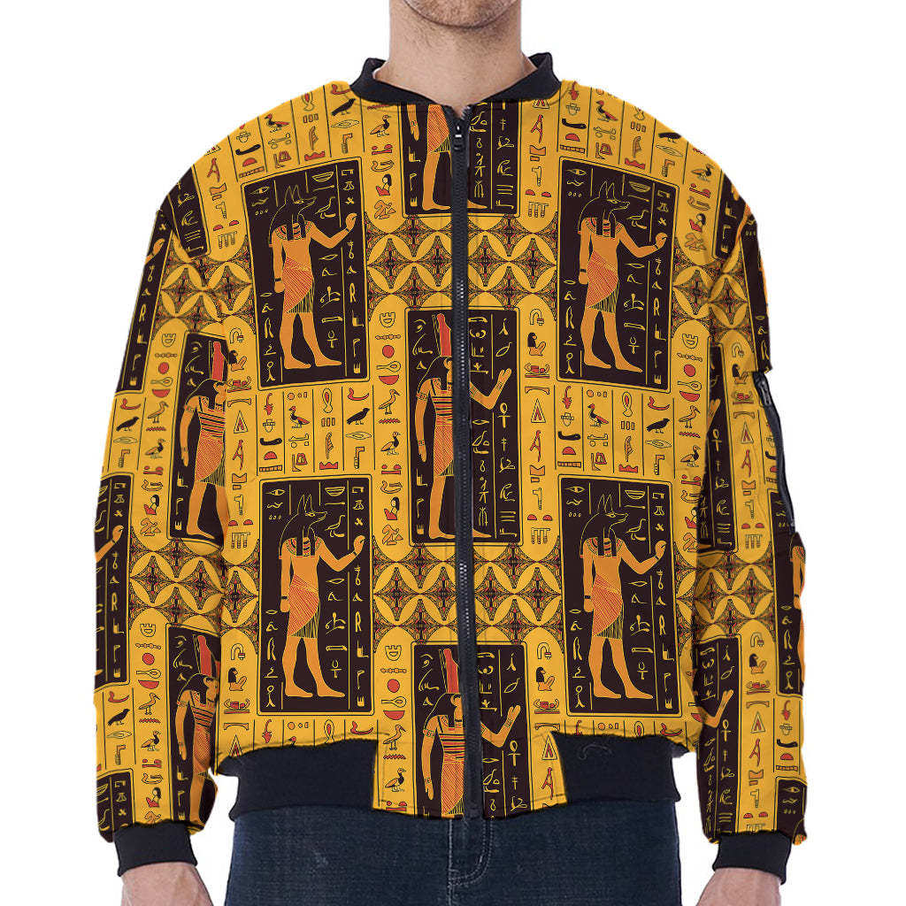 Egyptian Gods And Hieroglyphs Print Zip Sleeve Bomber Jacket