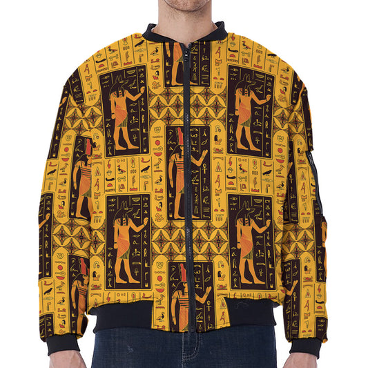 Egyptian Gods And Hieroglyphs Print Zip Sleeve Bomber Jacket